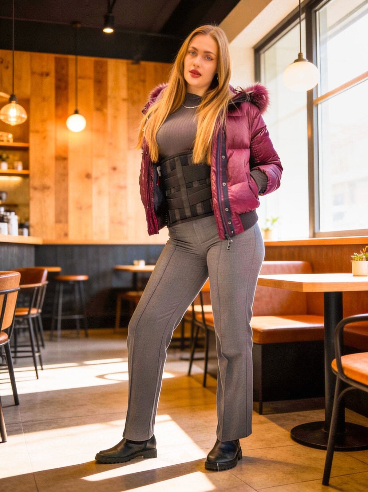 Young woman wearing the Balance Alligator satiety belt in everyday life