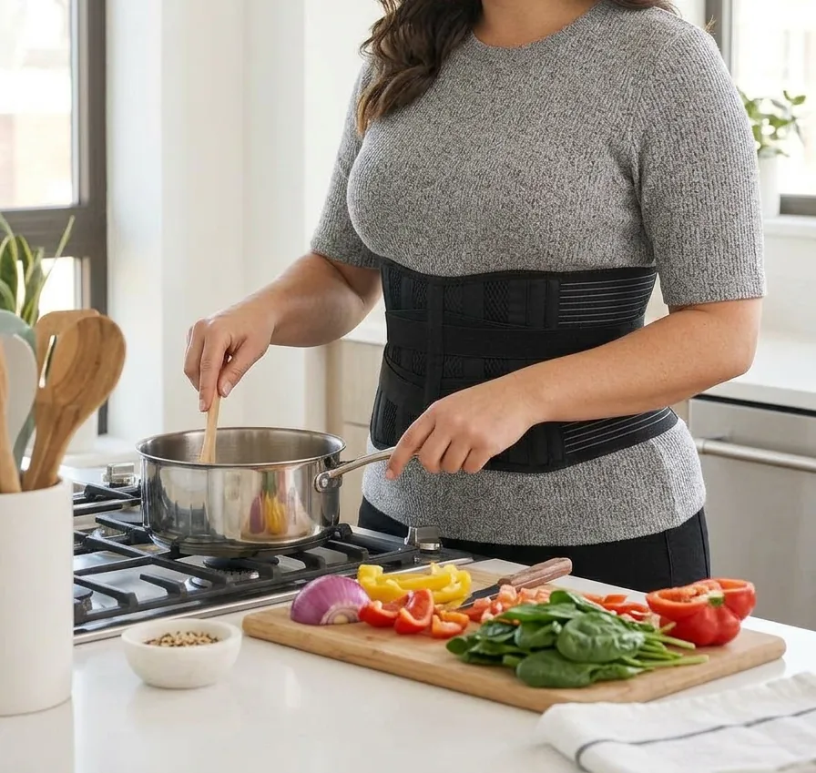 Woman cooking relaxed while wearing the Balance Alligator satiety belt